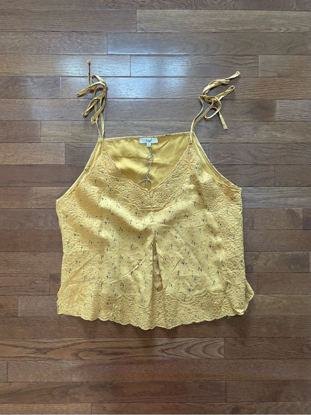 Mustard Spaghett Strap Floral Tank with Lace Embroidery